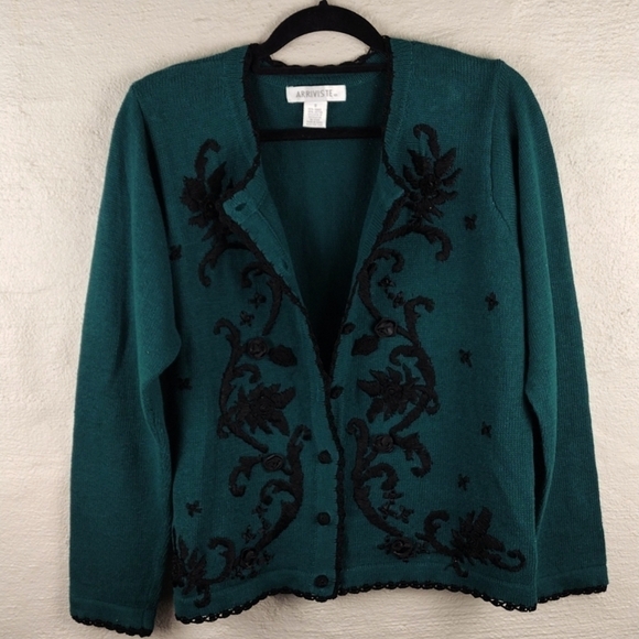 Arriviste Dark Green Embroidered Long Sleeve Button Front Cardigan Sweater - Picture 10 of 10